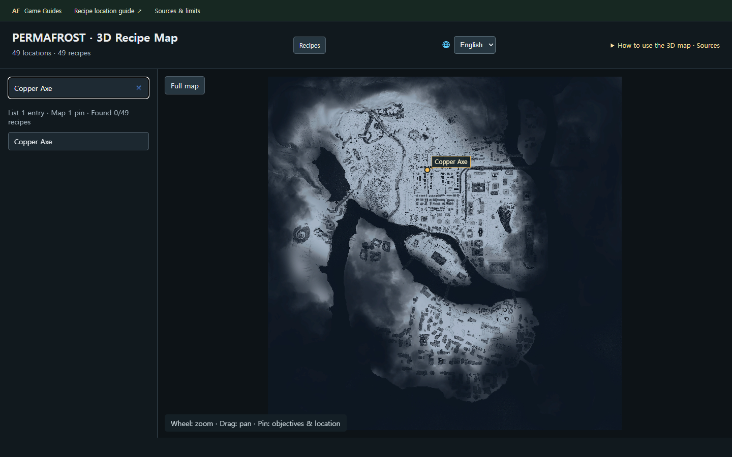 Searching for Copper Axe narrows the map to its matching location. Selecting the result opens the location details.