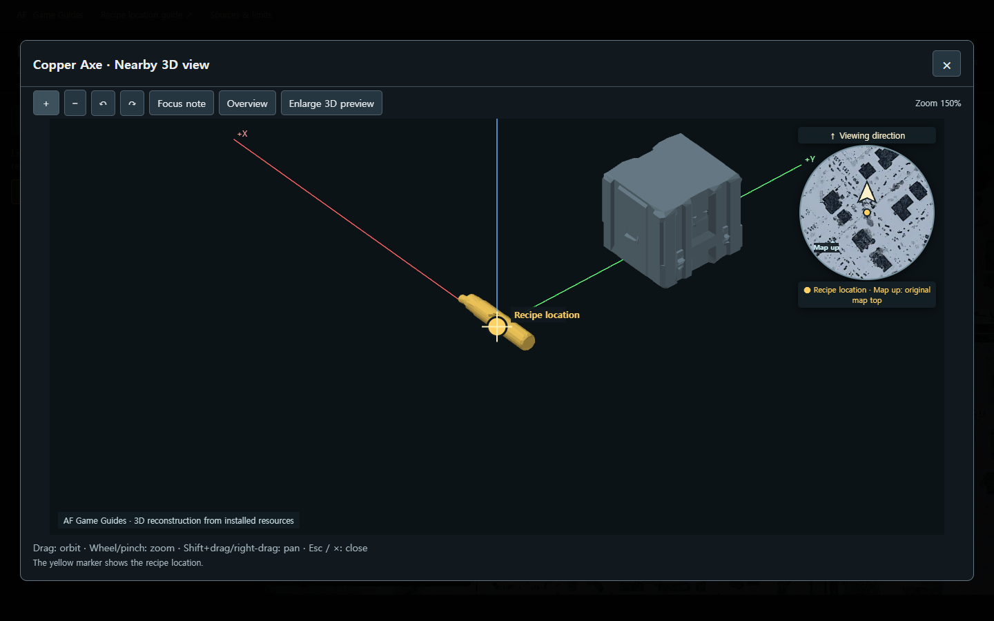 The Copper Axe site after rotating and zooming to 150%. The yellow marker and nearby object show their relative positions; this is a resource reconstruction.